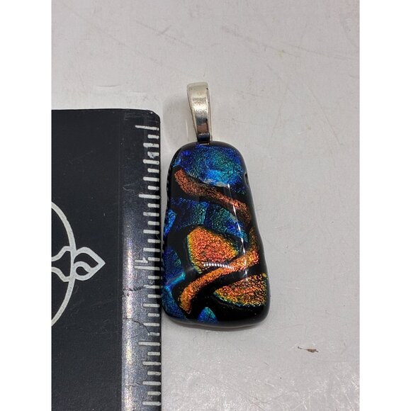 Dichroic Glass Pendant With Abstract Design In Blue & Orange Silver-Plated Bail - Picture 2 of 4